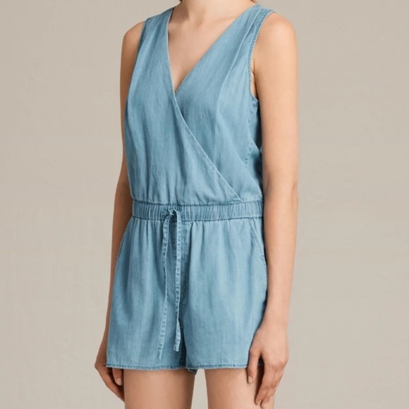 Allsaints Penny Playsuit Denim Color Surplice V-neck Romper size 6 - Picture 3 of 16